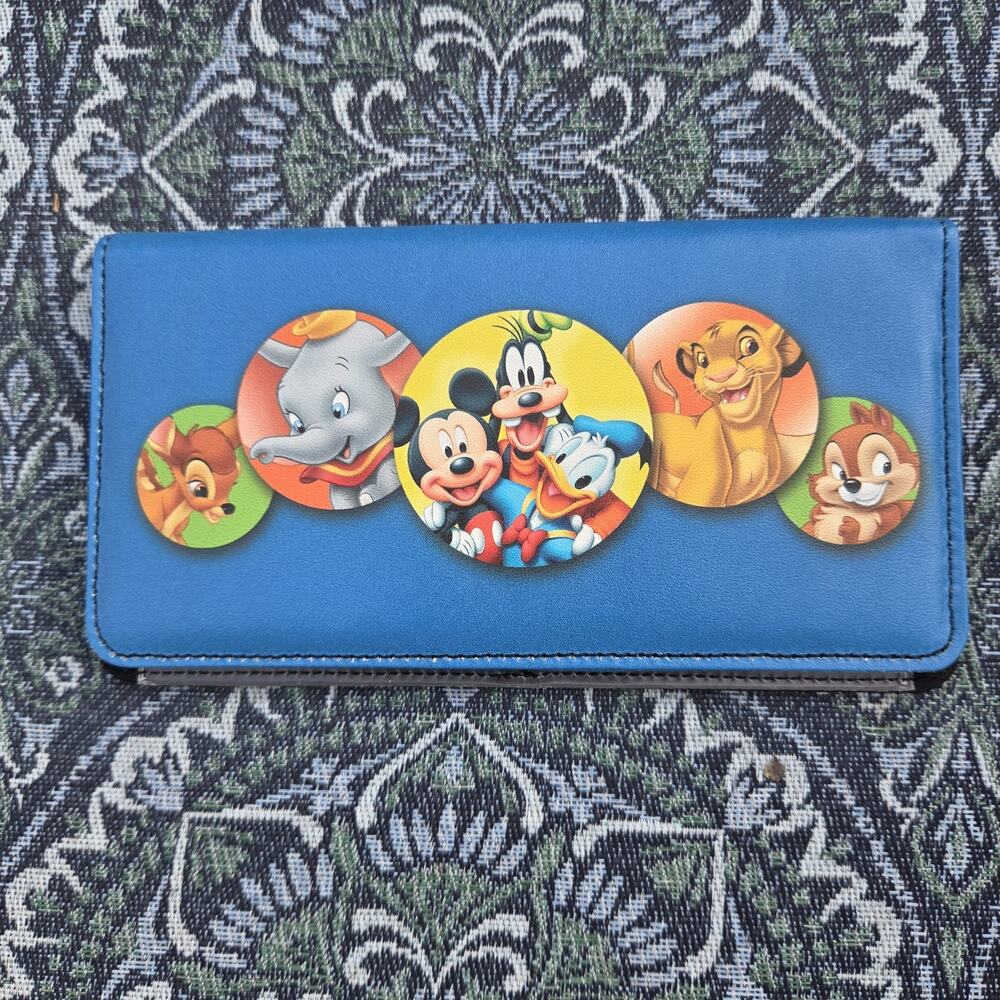 Vintage Disney Checkbook Wallet Blue Mickey Donald Goofy Simba Dumbo Bambi Y2K